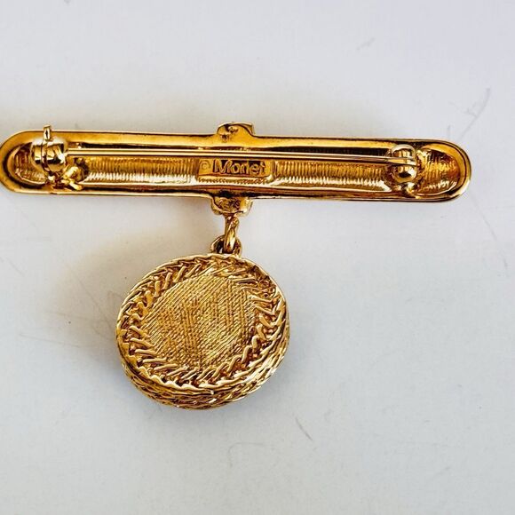 Vintage Monet Bar Dangle Brooch Gold And Black Cabochon Medallion 2” Signed - Picture 5 of 9